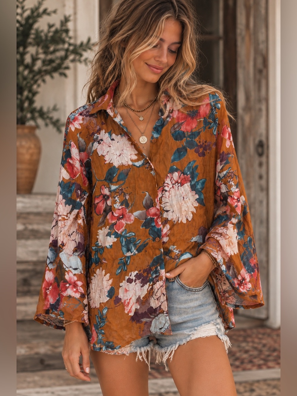 Umgee Brown Floral Boho Button-Up Top NWT Size Small